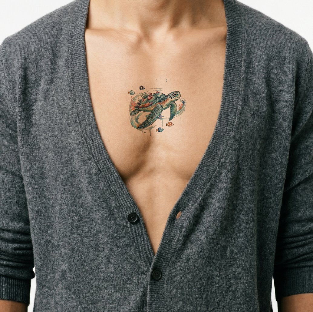 Design de tatouage tortue et récif océanique