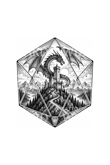 Tattoo mit zwanzigseitigem Würfel und Drachenburg