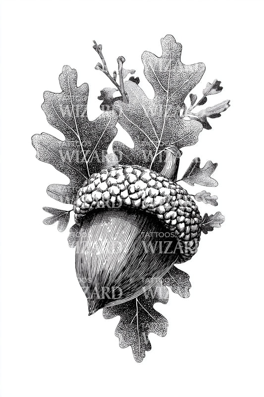 Design del tatuaggio con due ghiande e foglie