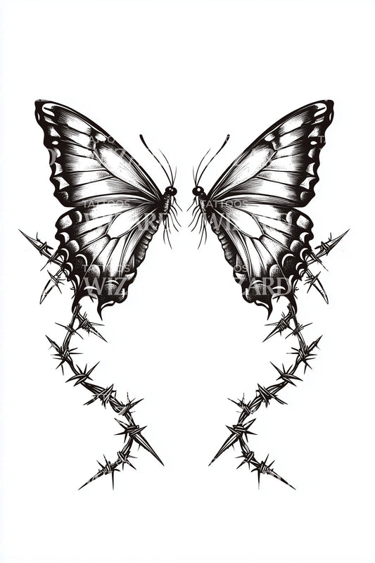 Twin Butterflies with Thorns Tattoo Design