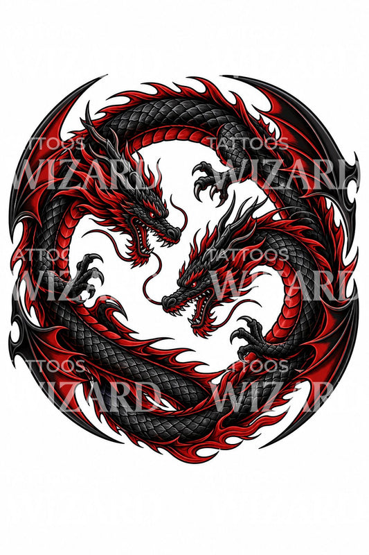 Twin Dragons Circle Tattoo Design