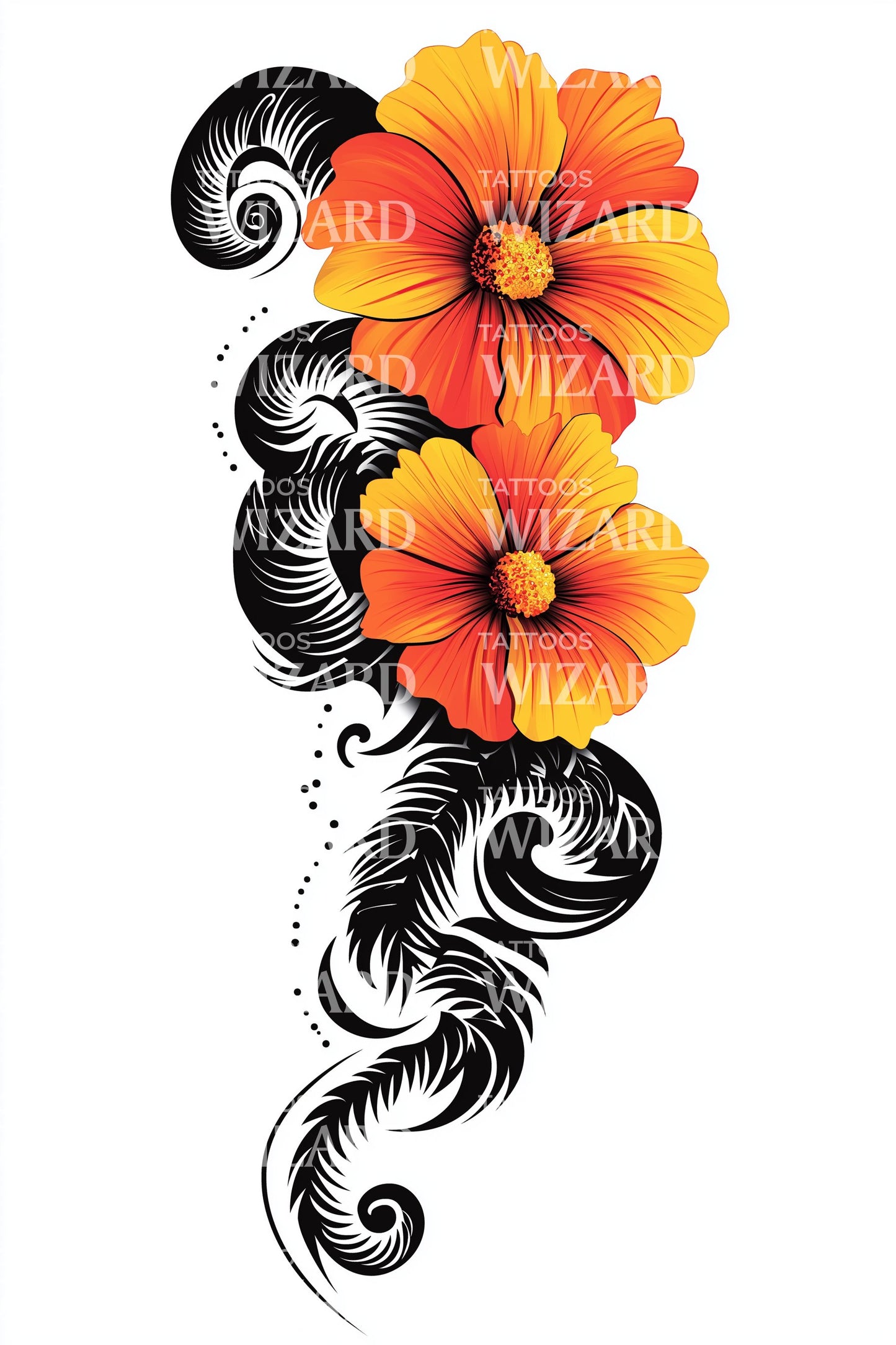Twin Hibiscus Scroll Tattoo Design