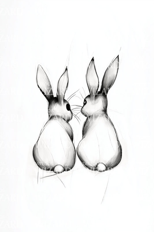 Diseño de tatuaje de contorno de conejos gemelos