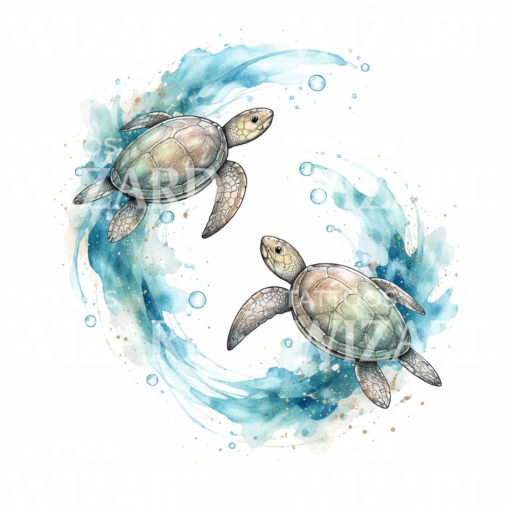 Twin Sea Turtles Tattoo Illustration