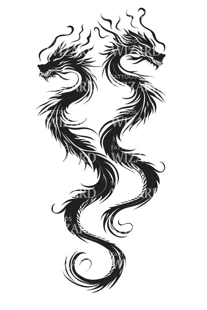 Twin Serpent Dragons Tattoo Illustration