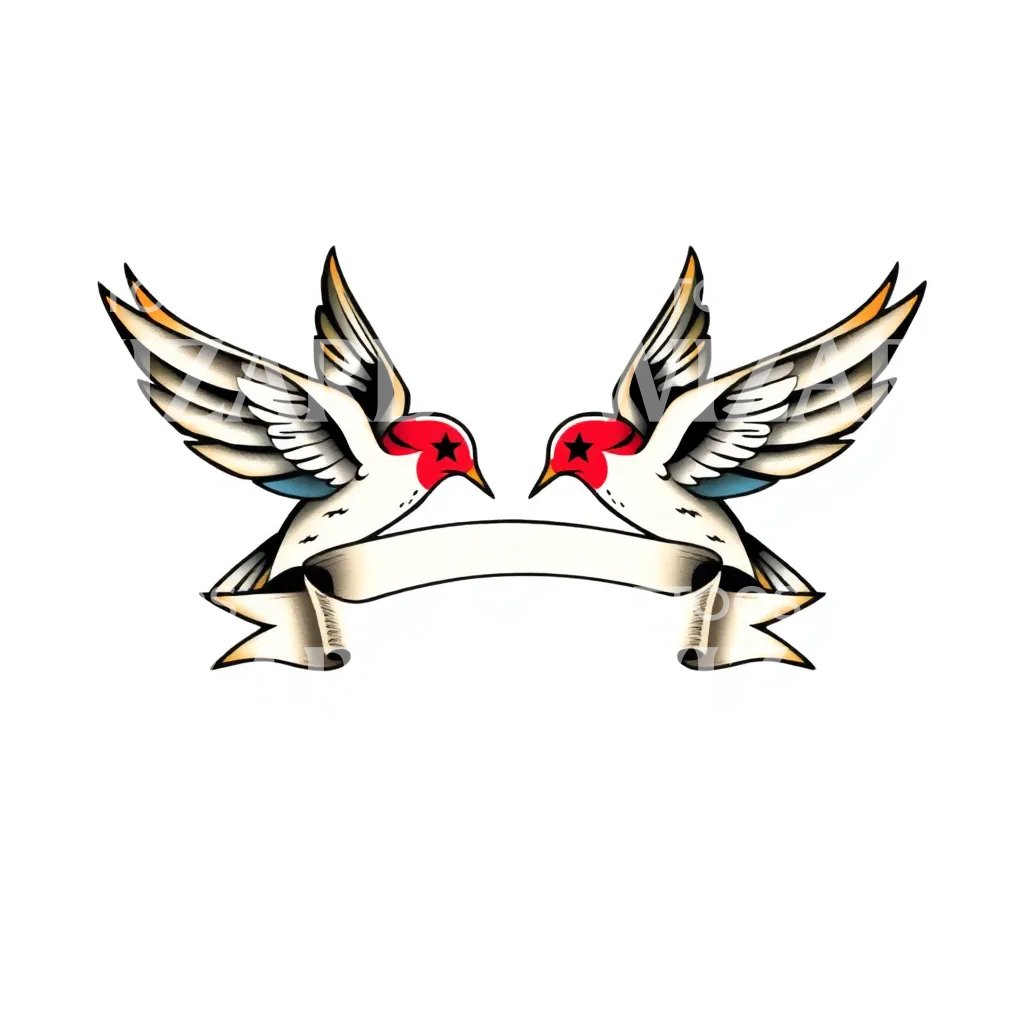 Twin Swallows Banner Tattoo Design