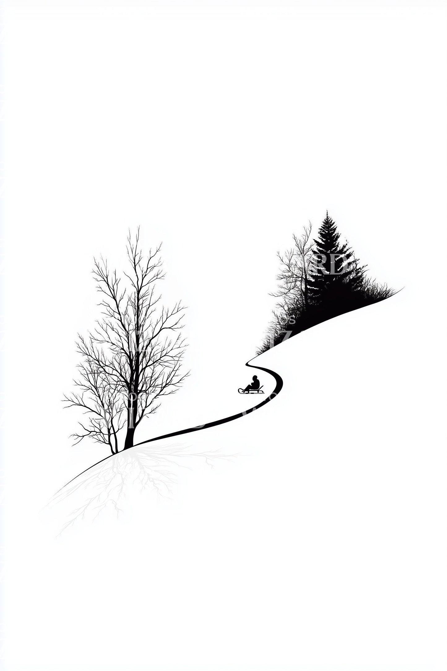 Twin Winter Trees on Slope Tattoo Illustration