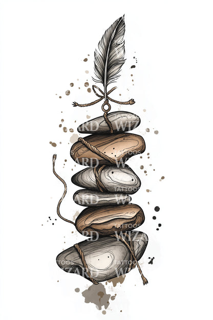 Twisted Pebble Stack with Feather Tattoo Design