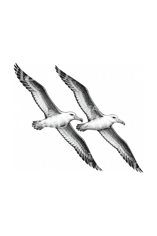 Two Albatrosses Flying Together Dotwork Tattoo