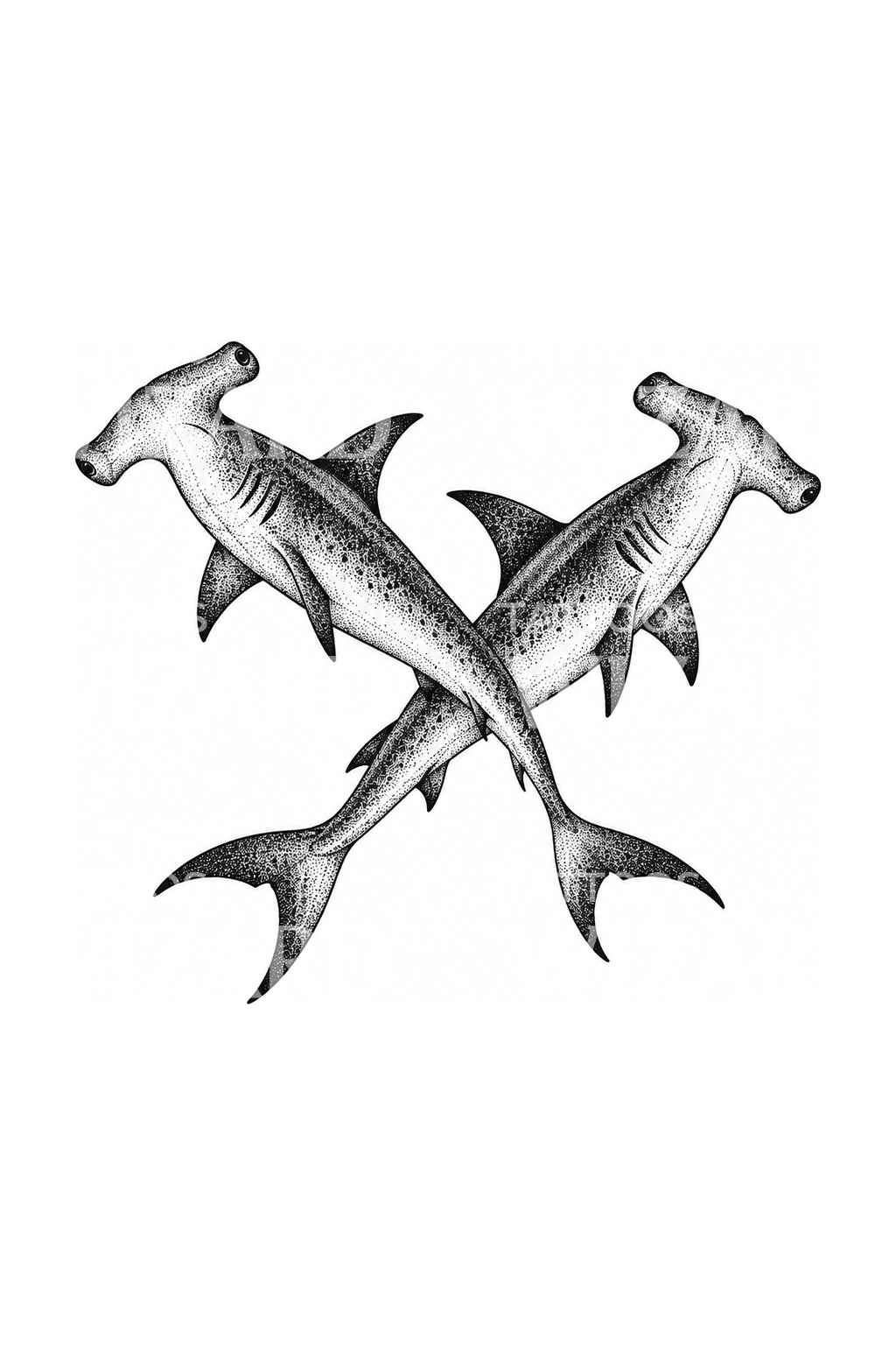 Two Crossing Hammerhead Sharks Dotwork Tattoo