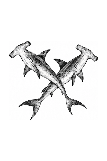 Two Crossing Hammerhead Sharks Dotwork Tattoo