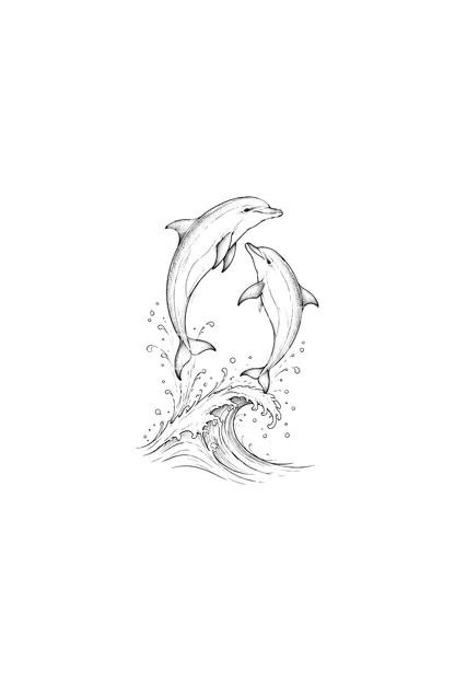 Two Dolphins Leaping over Wave Fine Line Tattoo