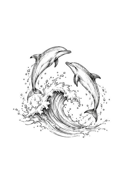 Deux dauphins bondissant à travers une vague