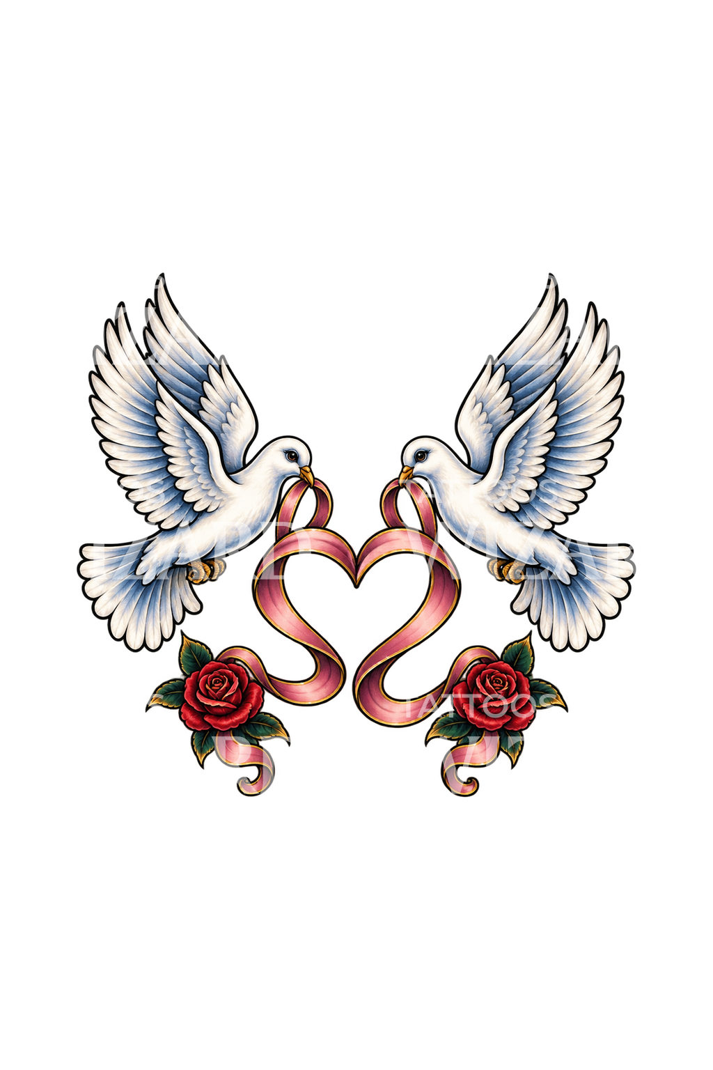 Desain Tato Neotradisional Dua Burung Merpati dengan Hati Pita