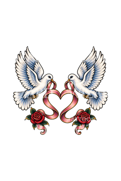 Desain Tato Neotradisional Dua Burung Merpati dengan Hati Pita