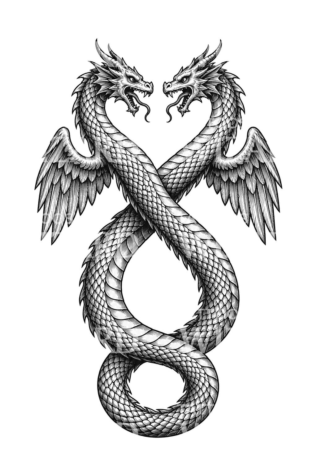 Tattoo-Illustration einer zweiköpfigen geflügelten Amphisbaena