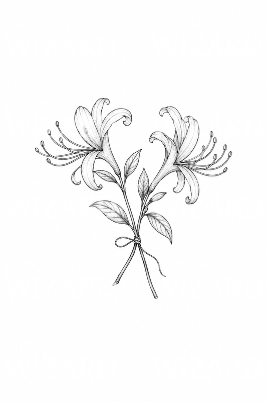 Two Honeysuckle Blooms Tied Bouquet Fine Line Tattoo Design