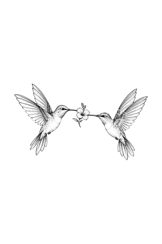 Tatuaggio fine line di due colibrì che condividono un fiore