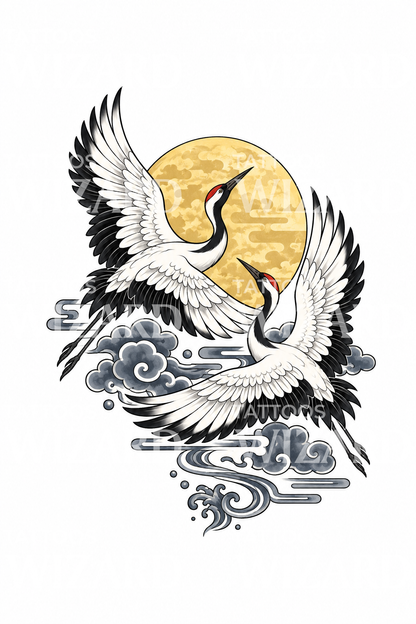 Dos grullas japonesas volando frente a la luna llena