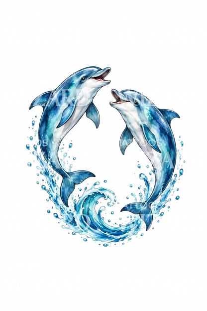 Zwei springende Delfine im Aquarellkreis
