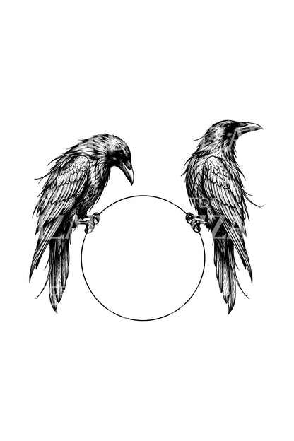 Illustration de tatouage de deux corbeaux sur un cercle