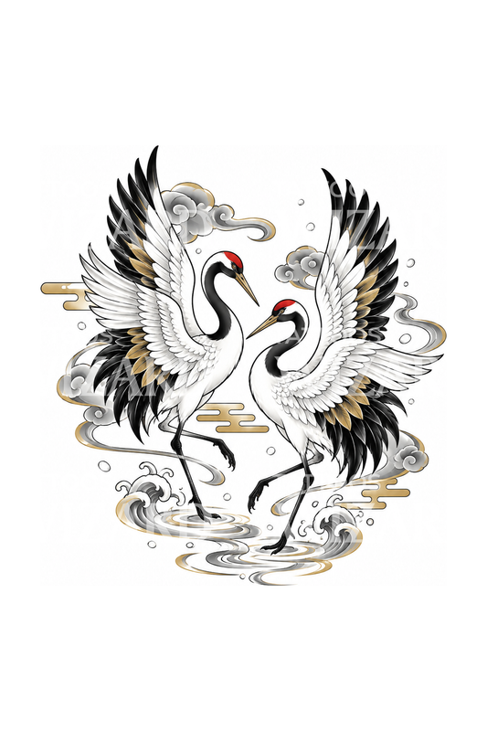 Two Red Crowned Cranes Dancing Japanese Tattoo Idea