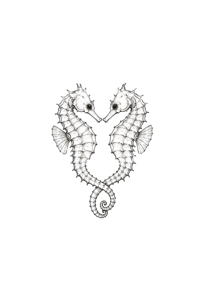 Due cavallucci marini con code intrecciate, tatuaggio fine line