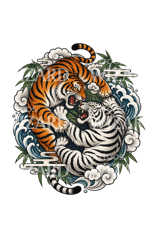 Design de tatuagem japonesa com dois tigres a lutar nas nuvens