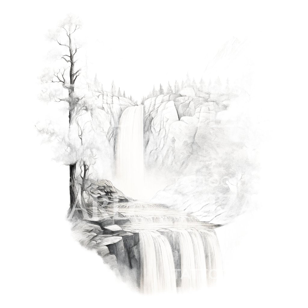 Dotwork Waterfall Landscape Tattoo Design