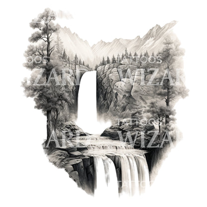 Dotwork Waterfall Landscape Tattoo Design