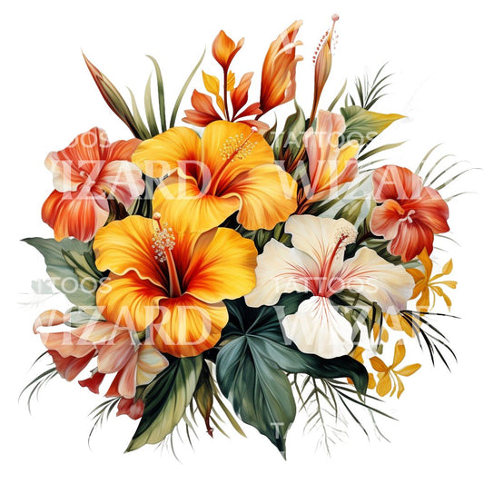 Orangefarbenes, tropisches Blumenstrauß-Tattoo
