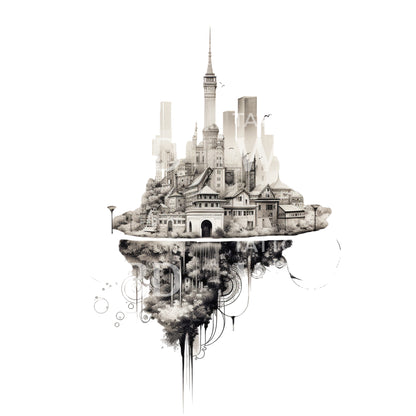 Dotwork Imaginary City Tattoo Design
