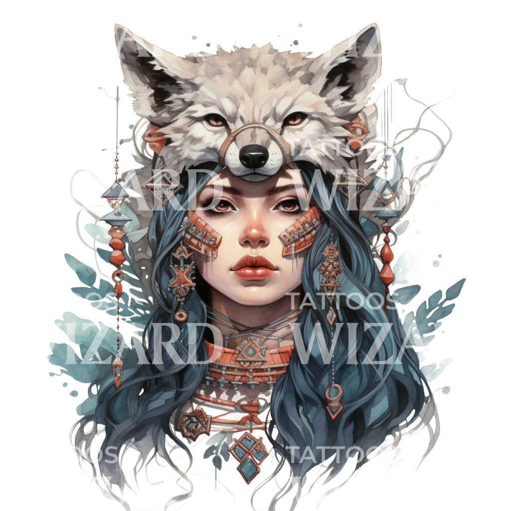 Native American Princess with Wolf Tattoo Design