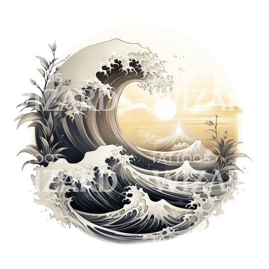 Wave and Sunset Tattoo Design