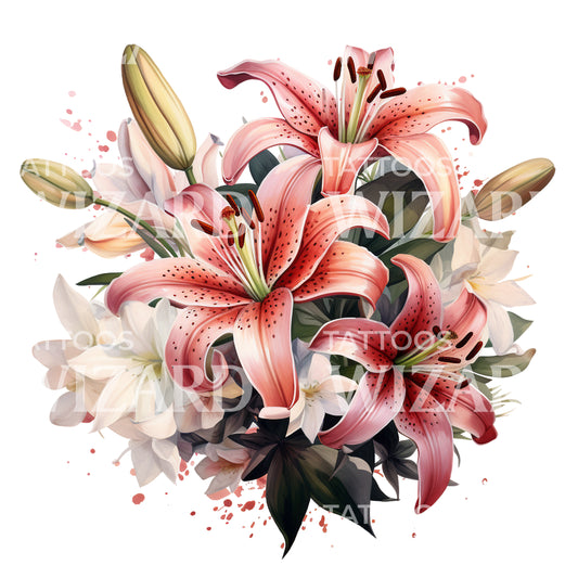 Red Lily Flower Bouquet Tattoo Design