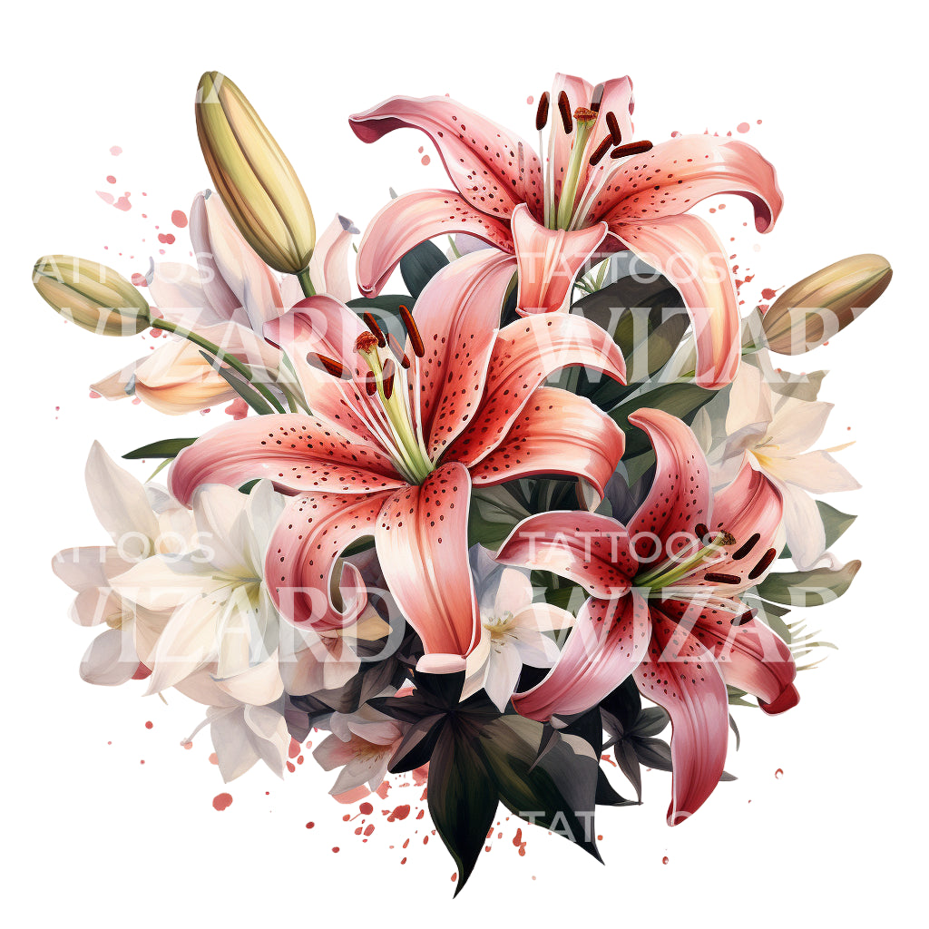 Conception de tatouage de bouquet de fleurs de lys rouge