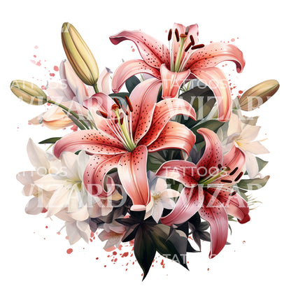 Red Lily Flower Bouquet Tattoo Design