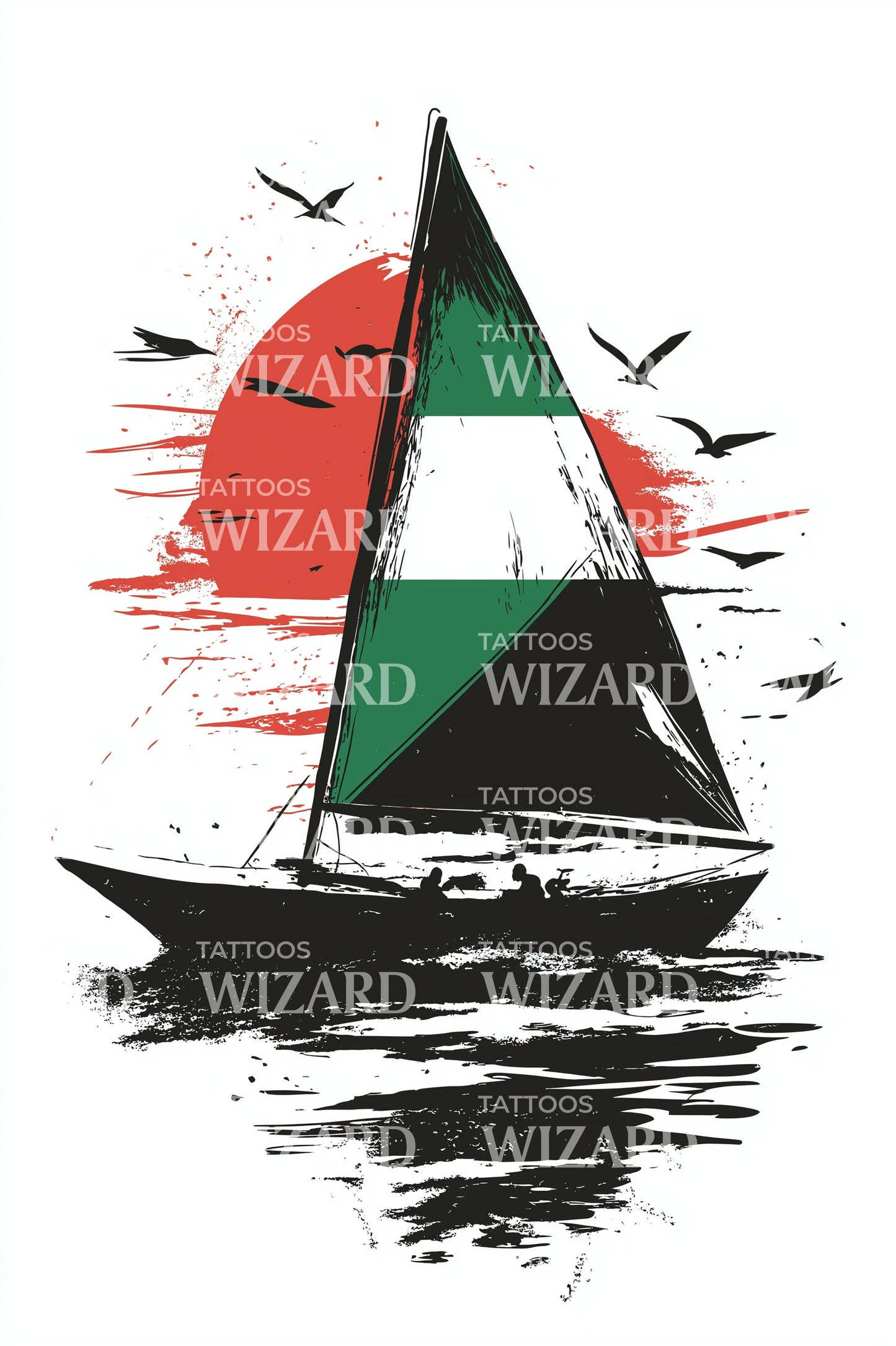 Design de Tatuagem de Barco à Vela Dhow ao Pôr do Sol nos Emirados Árabes Unidos
