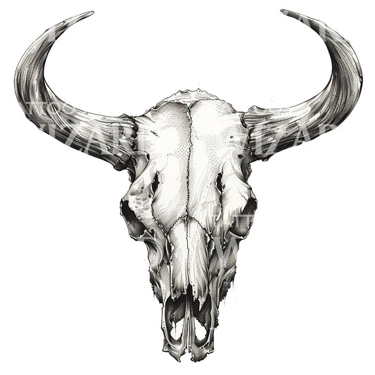 Dotwork Detailed Longhorn Skull Tattoo Design
