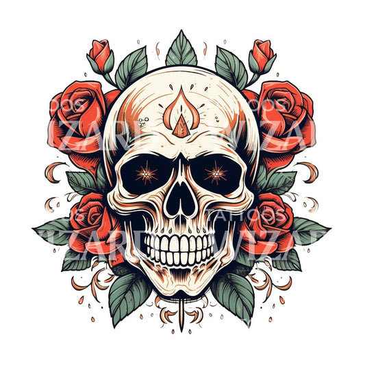 Old School Skull and Roses Tattoo Design