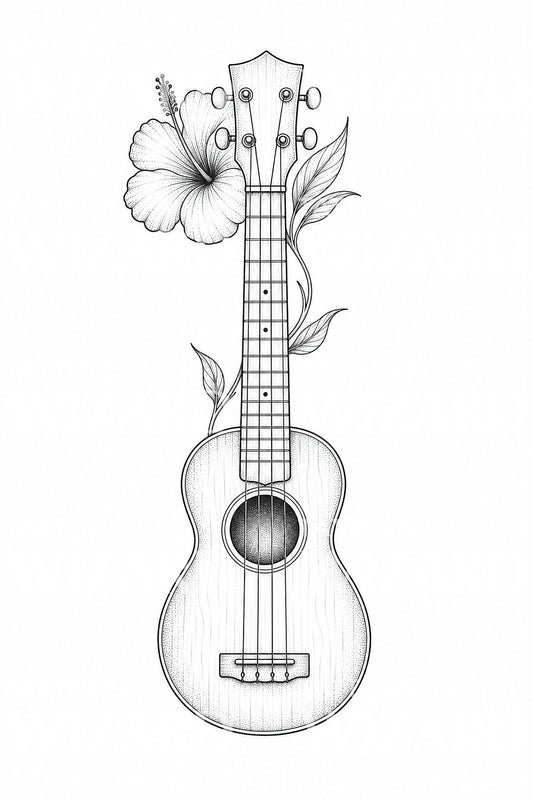 Ukulele med hibiskus tatueringsdesign