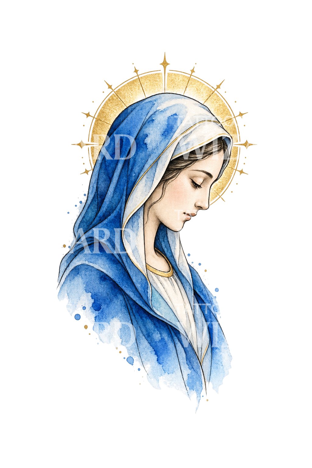 Diseño de tatuaje de Madonna con velo ultramarino y halo de pan de oro