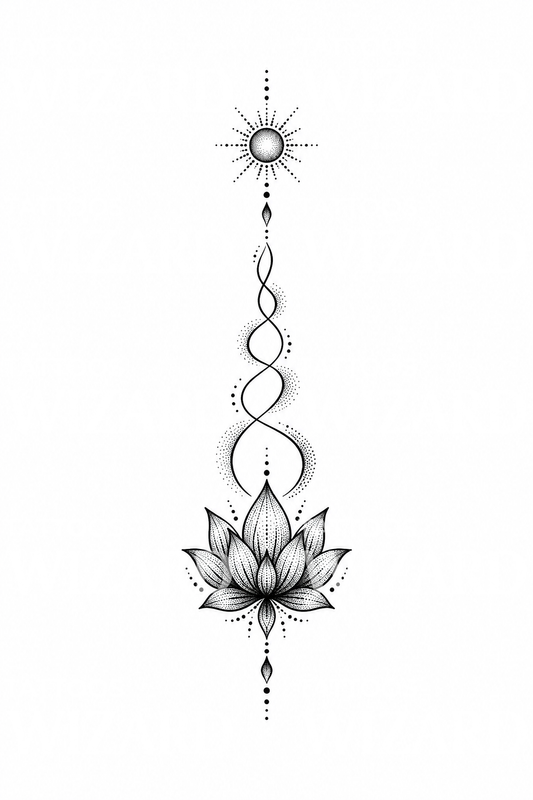 Tatuaje Unalome dotwork del loto al sol