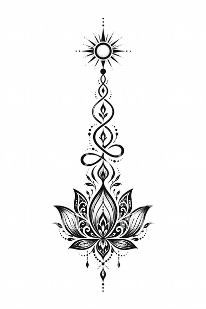 Blackwork tatoveringsdesign med unalome, lotus og sol
