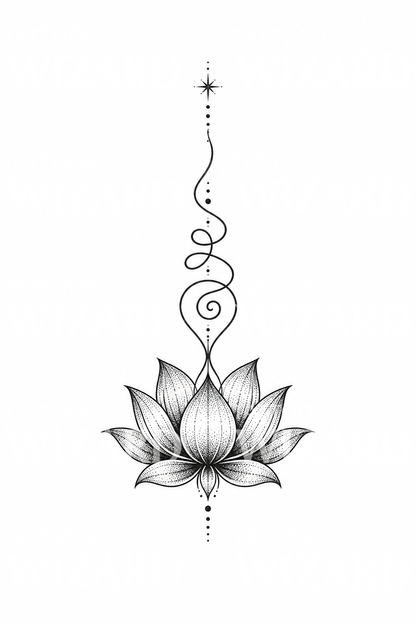 Unalome s’élevant d’un lotus en dotwork