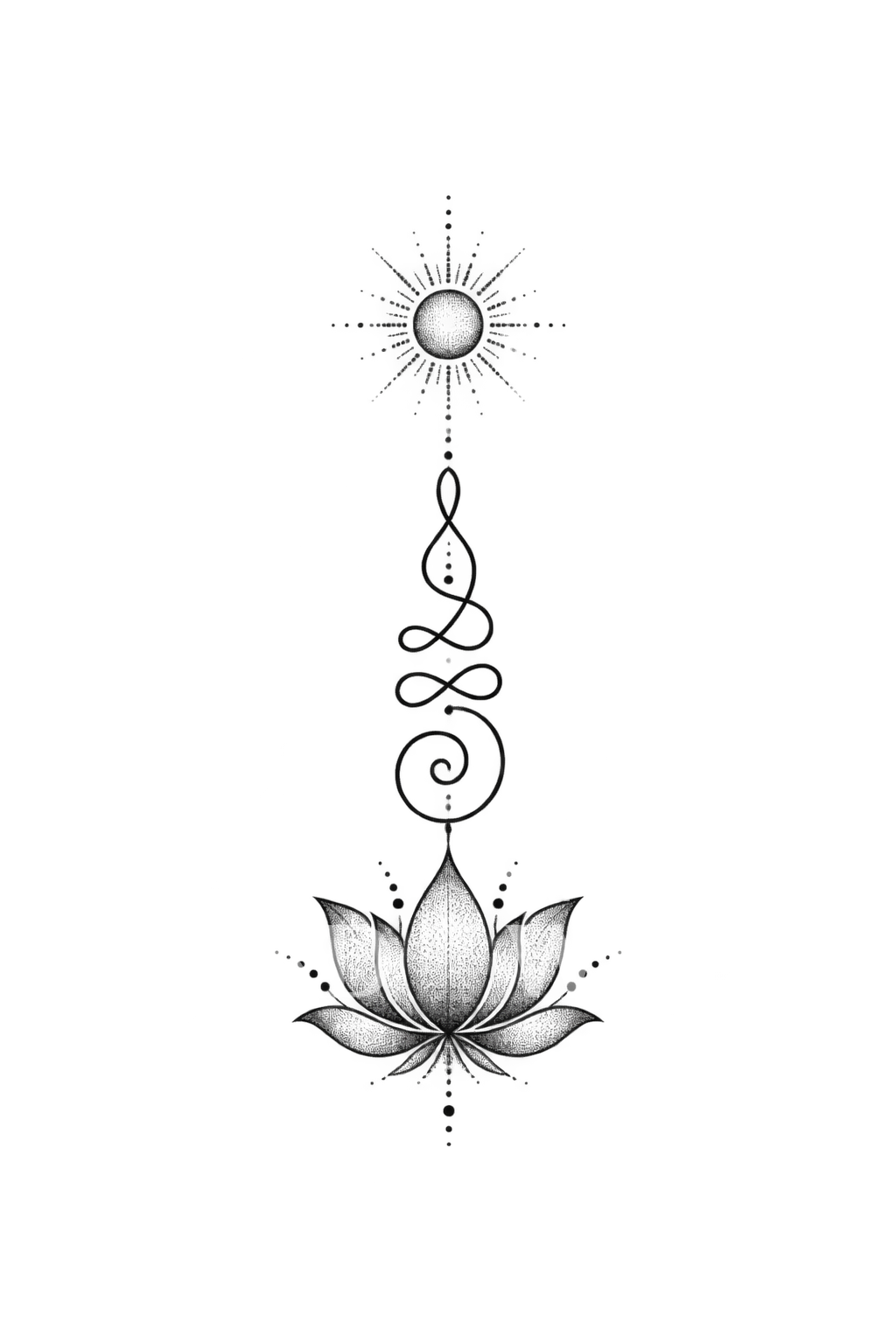 Tatuaje dotwork de unalome que asciende del loto al sol
