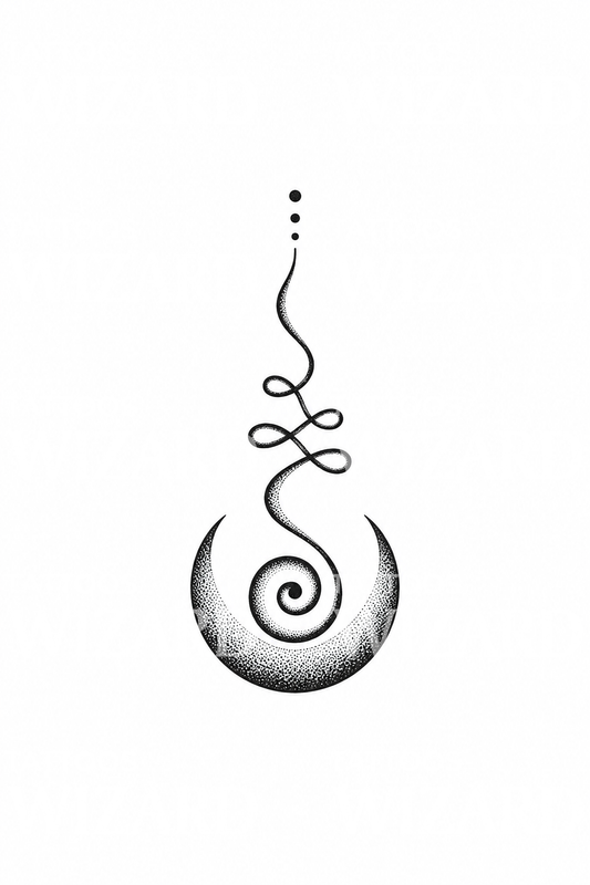 Unalome Rising from Stippled Crescent Moon Tattoo