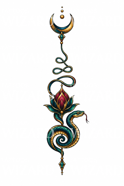 Unalome Serpent and Lotus Tattoo Design