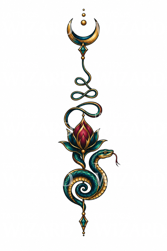 Diseño de tatuaje Unalome con serpiente y loto