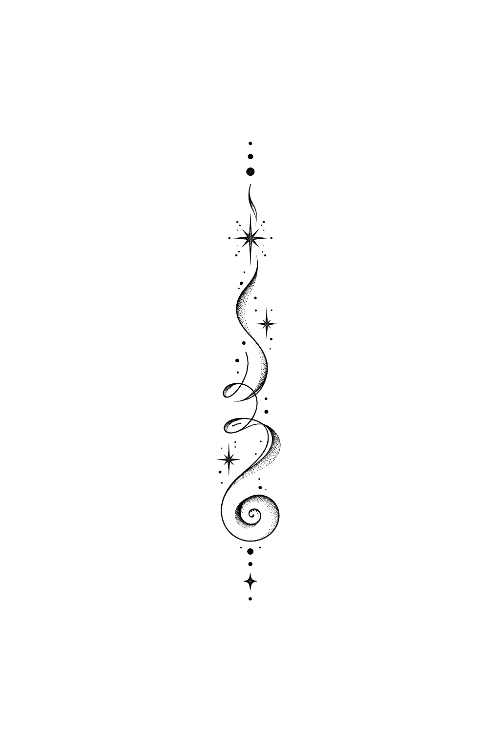 Dotwork-Tattoo einer Unalome-Wirbelsäulenlinie mit kleinen Sternen